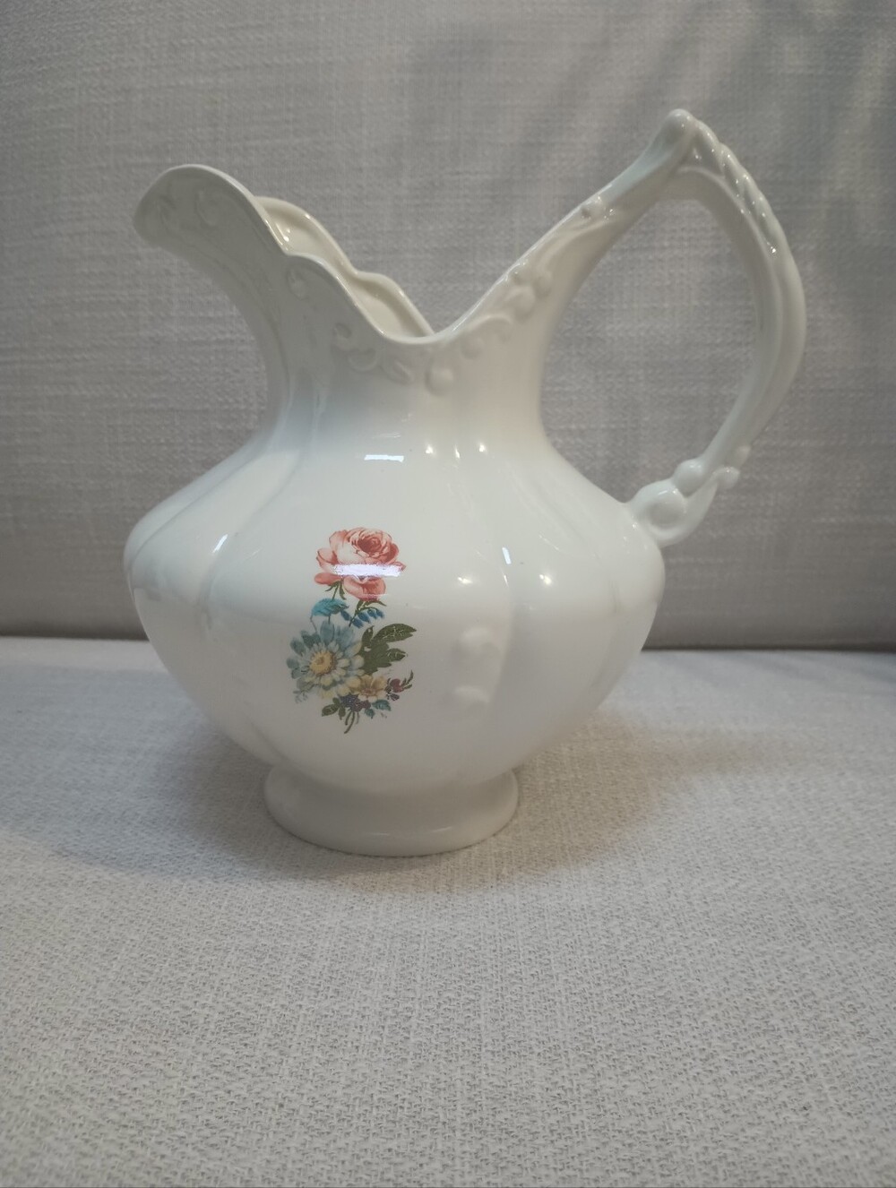 White Porcelain Victorian Pitcher with Pink Rose and Blue Floral Bouquet Vintage